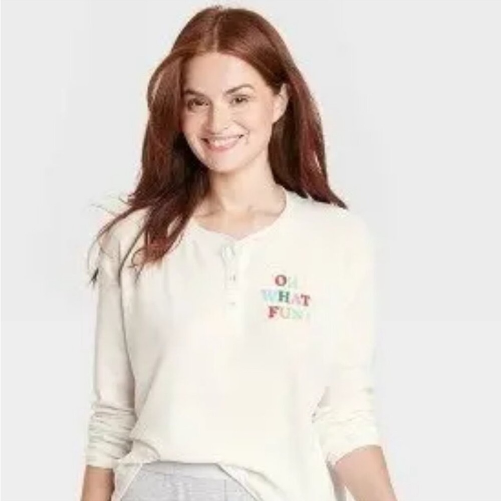 NEW! Women's "Oh What Fun" Thermal White/CreamTop - Wondershop, Henley, PJ Top